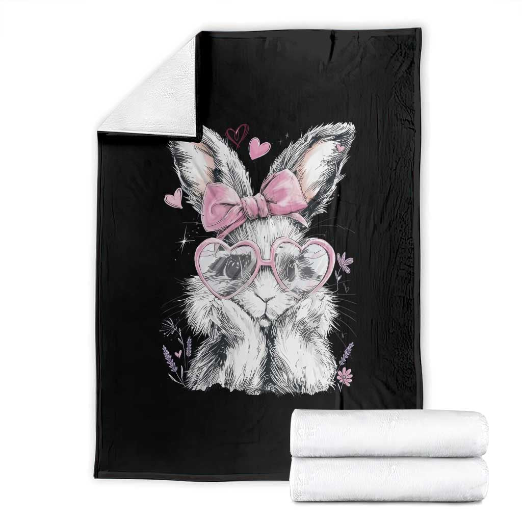 Cute Easter Bunny with Heart Glasses Pink Bow Throw Blanket Adorable Rabbit Love Aesthetic Gift TS02 Black Print Your Wear