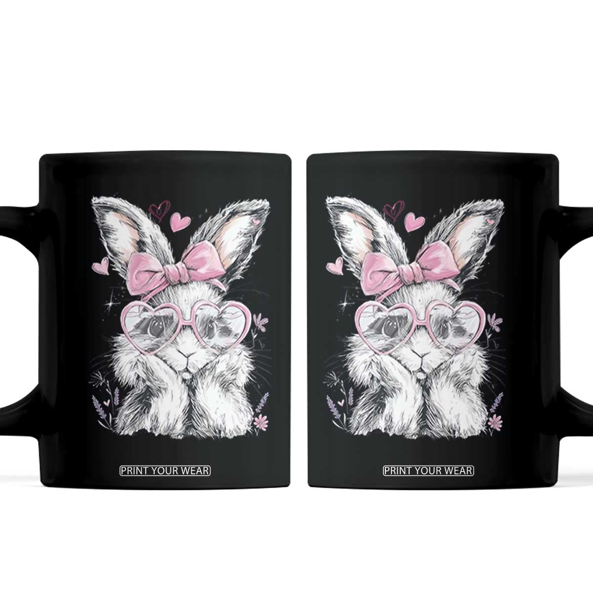 Cute Easter Bunny with Heart Glasses Pink Bow Coffee Mug Adorable Rabbit Love Aesthetic Gift TS02 Black Print Your Wear