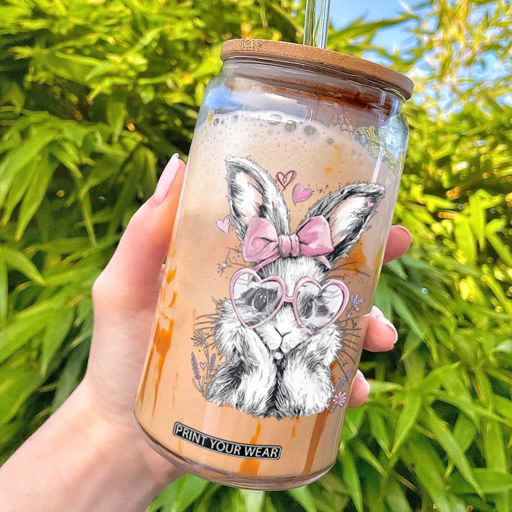 Cute Easter Bunny with Heart Glasses Pink Bow Glass Can Adorable Rabbit Love Aesthetic Gift TS02 Black Print Your Wear