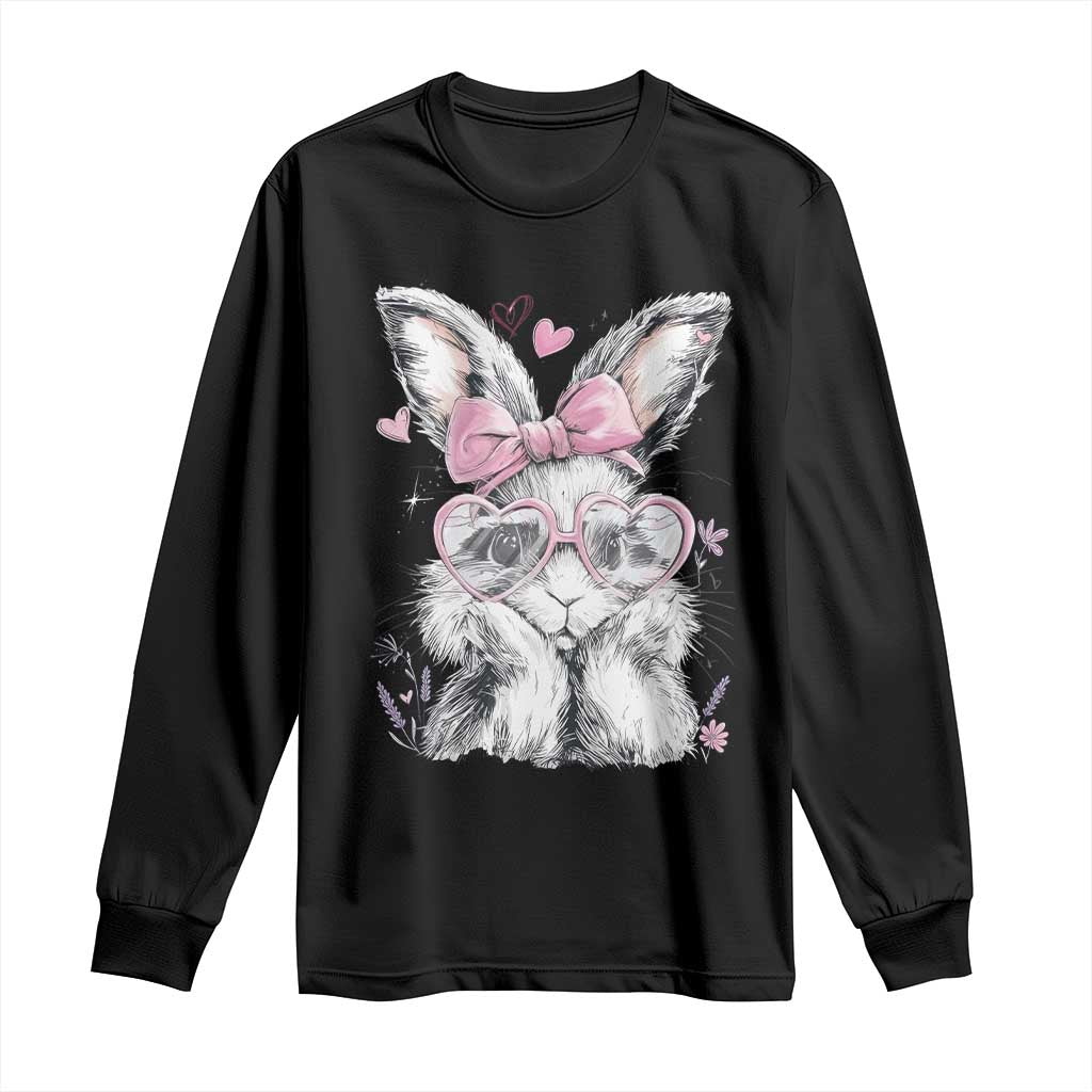 Cute Easter Bunny with Heart Glasses Pink Bow Long Sleeve Shirt Adorable Rabbit Love Aesthetic Gift TS02 Black Print Your Wear