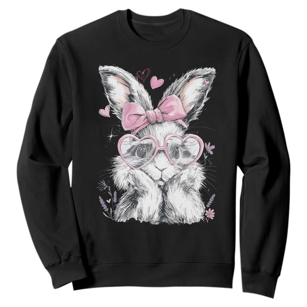 Cute Easter Bunny with Heart Glasses Pink Bow Sweatshirt Adorable Rabbit Love Aesthetic Gift TS02 Black Print Your Wear