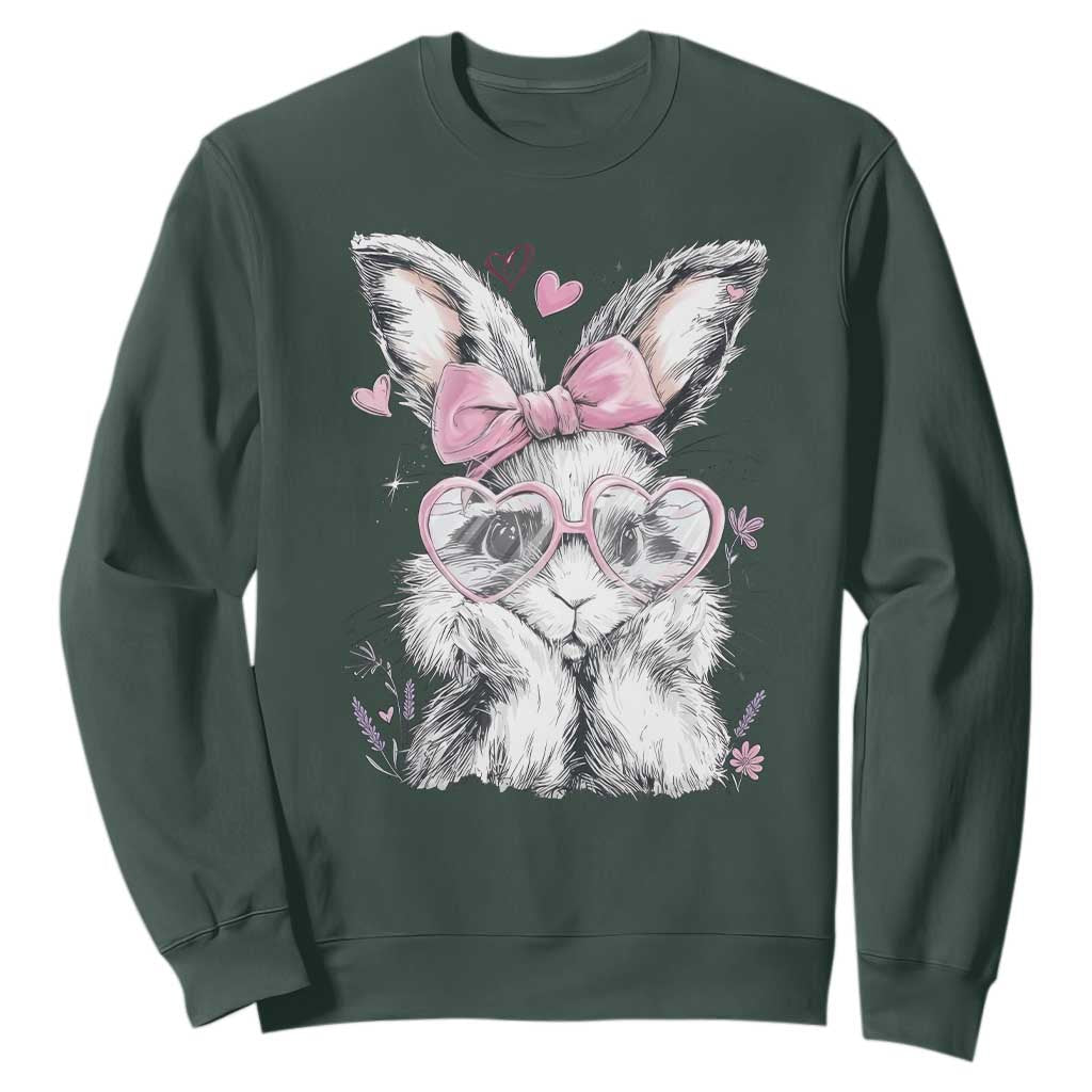 Cute Easter Bunny with Heart Glasses Pink Bow Sweatshirt Adorable Rabbit Love Aesthetic Gift TS02 Dark Forest Green Print Your Wear