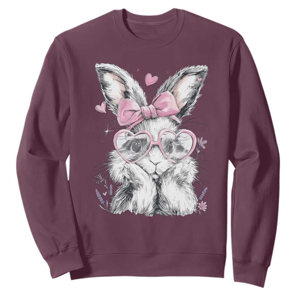 Cute Easter Bunny with Heart Glasses Pink Bow Sweatshirt Adorable Rabbit Love Aesthetic Gift TS02 Maroon Print Your Wear
