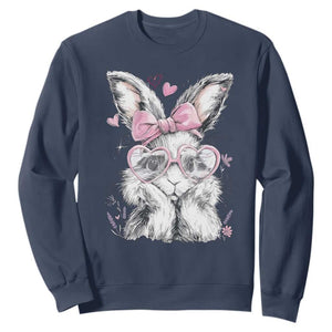 Cute Easter Bunny with Heart Glasses Pink Bow Sweatshirt Adorable Rabbit Love Aesthetic Gift TS02 Navy Print Your Wear