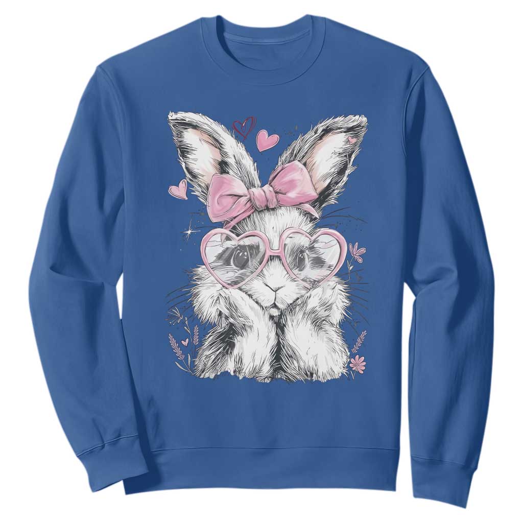 Cute Easter Bunny with Heart Glasses Pink Bow Sweatshirt Adorable Rabbit Love Aesthetic Gift TS02 Royal Blue Print Your Wear