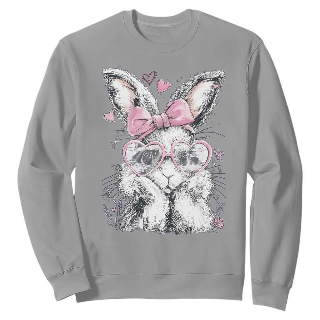 Cute Easter Bunny with Heart Glasses Pink Bow Sweatshirt Adorable Rabbit Love Aesthetic Gift TS02 Sport Gray Print Your Wear