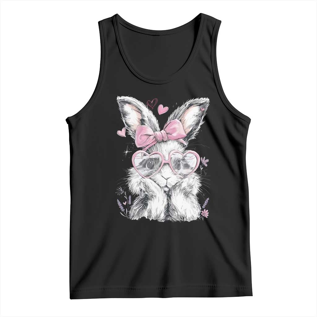 Cute Easter Bunny with Heart Glasses Pink Bow Tank Top Adorable Rabbit Love Aesthetic Gift TS02 Black Print Your Wear