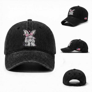 Cute Easter Bunny with Heart Glasses Pink Bow Washed Cotton Baseball Cap Adorable Rabbit Love Aesthetic Gift TS02 Washed Cap Universal Fit Black Print Your Wear