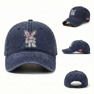 Cute Easter Bunny with Heart Glasses Pink Bow Washed Cotton Baseball Cap Adorable Rabbit Love Aesthetic Gift TS02 Washed Cap Universal Fit Navy Print Your Wear