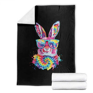 Colorful Tie Dye Bunny with Sunglasses Throw Blanket Cool Easter Rabbit Retro Hippie Vibe Graphic Gift TS02 Black Print Your Wear