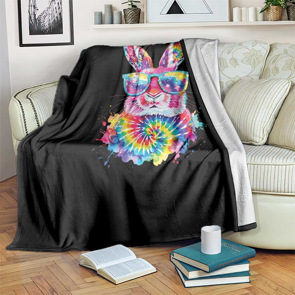 Colorful Tie Dye Bunny with Sunglasses Throw Blanket Cool Easter Rabbit Retro Hippie Vibe Graphic Gift TS02 Print Your Wear