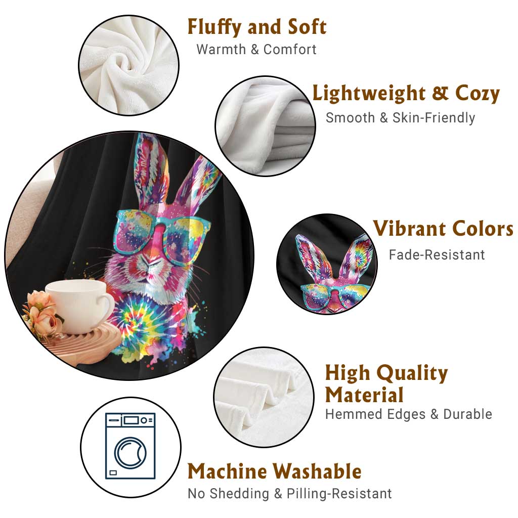 Colorful Tie Dye Bunny with Sunglasses Throw Blanket Cool Easter Rabbit Retro Hippie Vibe Graphic Gift TS02 Print Your Wear