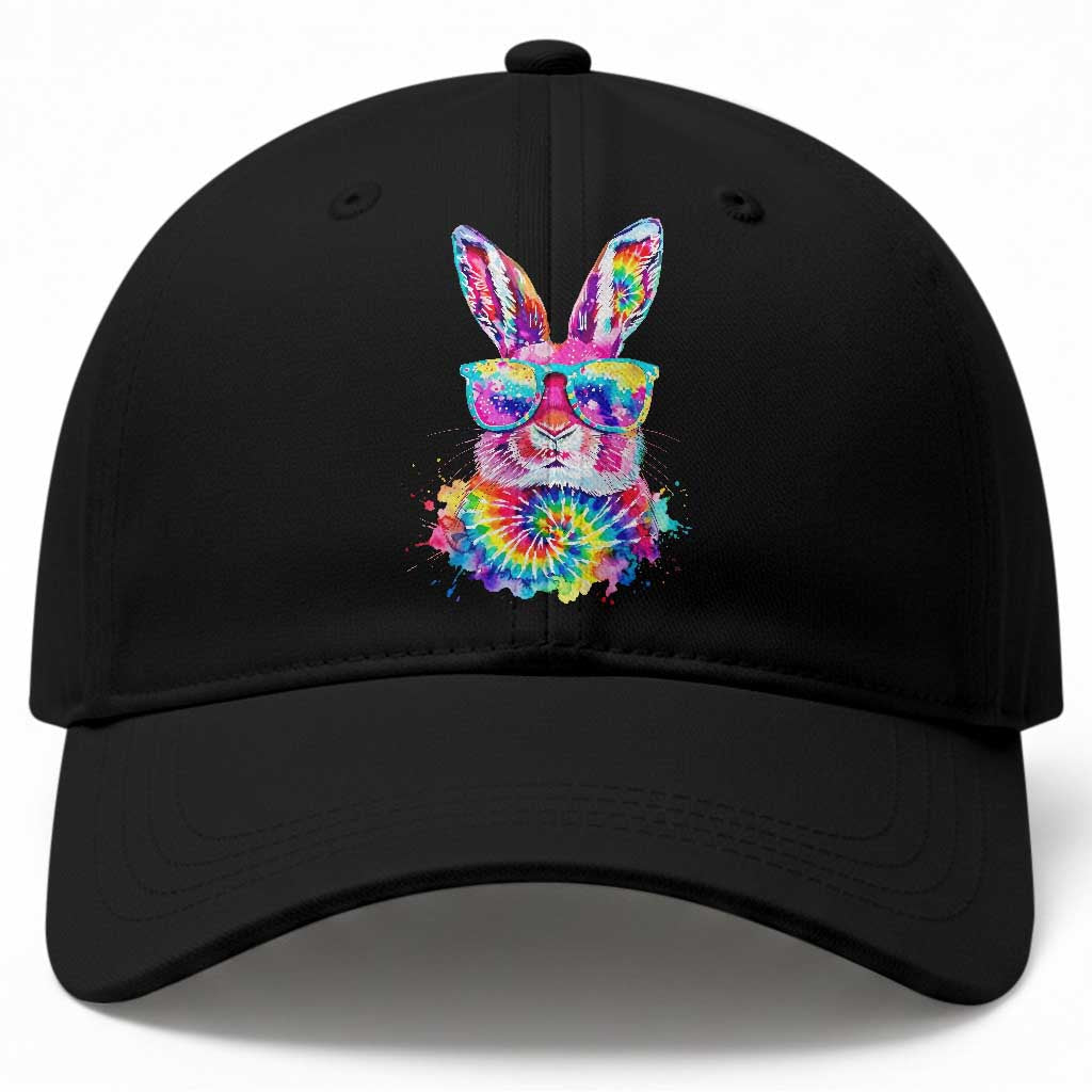 Colorful Tie Dye Bunny with Sunglasses Baseball Cap Cool Easter Rabbit Retro Hippie Vibe Graphic Gift TS02 Print Your Wear