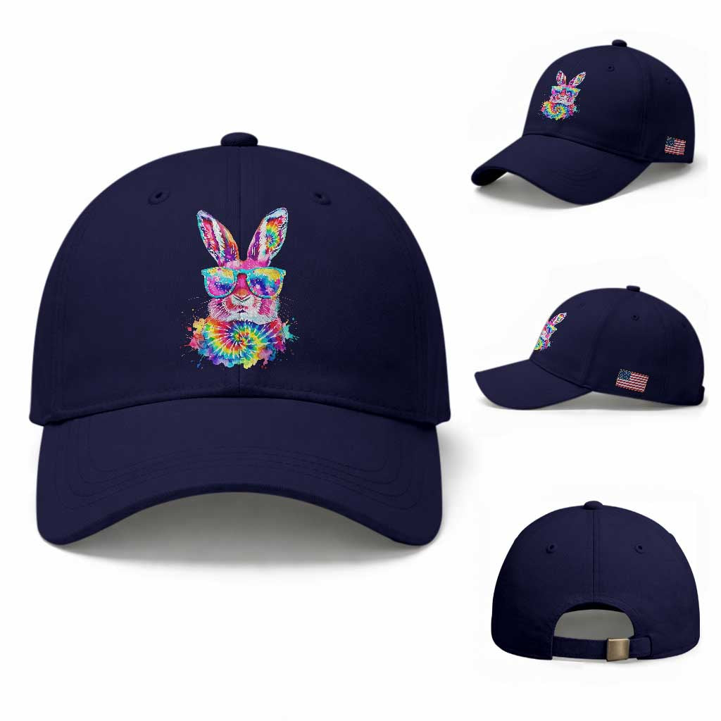 Colorful Tie Dye Bunny with Sunglasses Baseball Cap Cool Easter Rabbit Retro Hippie Vibe Graphic Gift TS02 Baseball Cap Universal Fit Dark Blue Print Your Wear