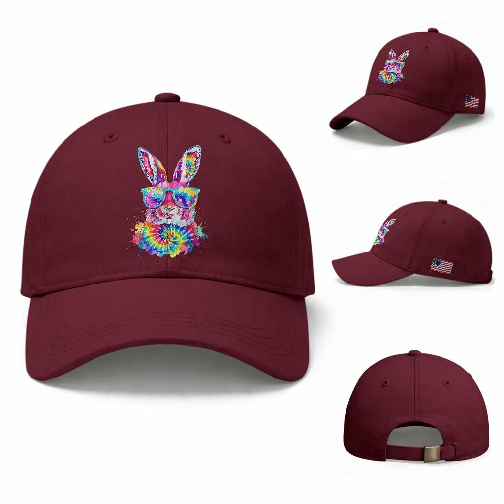 Colorful Tie Dye Bunny with Sunglasses Baseball Cap Cool Easter Rabbit Retro Hippie Vibe Graphic Gift TS02 Baseball Cap Universal Fit Maroon Print Your Wear