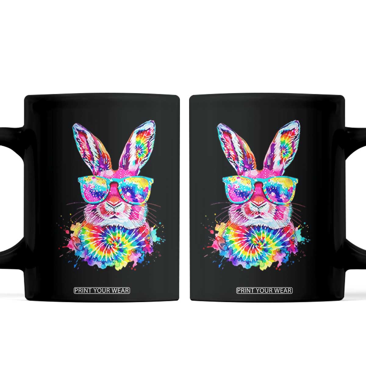 Colorful Tie Dye Bunny with Sunglasses Coffee Mug Cool Easter Rabbit Retro Hippie Vibe Graphic Gift TS02 Black Print Your Wear