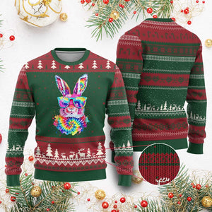 Colorful Tie Dye Bunny with Sunglasses Ugly Christmas Sweater Cool Easter Rabbit Retro Hippie Vibe Graphic Gift TS02 Red Green Print Your Wear