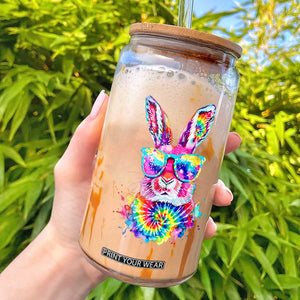 Colorful Tie Dye Bunny with Sunglasses Glass Can Cool Easter Rabbit Retro Hippie Vibe Graphic Gift TS02 Black Print Your Wear