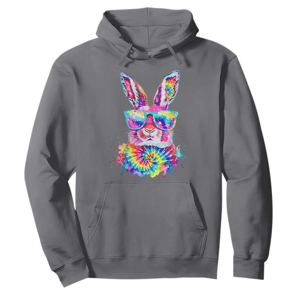 Colorful Tie Dye Bunny with Sunglasses Hoodie Cool Easter Rabbit Retro Hippie Vibe Graphic Gift TS02 Charcoal Print Your Wear