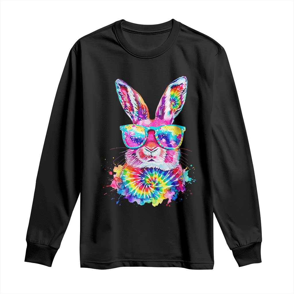 Colorful Tie Dye Bunny with Sunglasses Long Sleeve Shirt Cool Easter Rabbit Retro Hippie Vibe Graphic Gift TS02 Black Print Your Wear