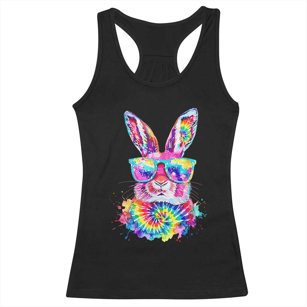 Colorful Tie Dye Bunny with Sunglasses Racerback Tank Top Cool Easter Rabbit Retro Hippie Vibe Graphic Gift TS02 Black Print Your Wear