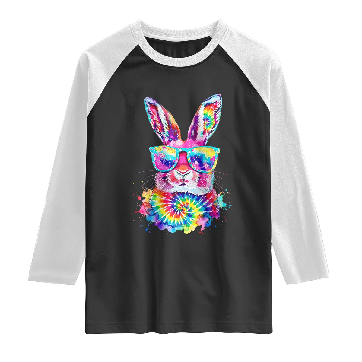 Colorful Tie Dye Bunny with Sunglasses Raglan Shirt Cool Easter Rabbit Retro Hippie Vibe Graphic Gift TS02 Black White Print Your Wear