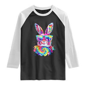 Colorful Tie Dye Bunny with Sunglasses Raglan Shirt Cool Easter Rabbit Retro Hippie Vibe Graphic Gift TS02 Black White Print Your Wear