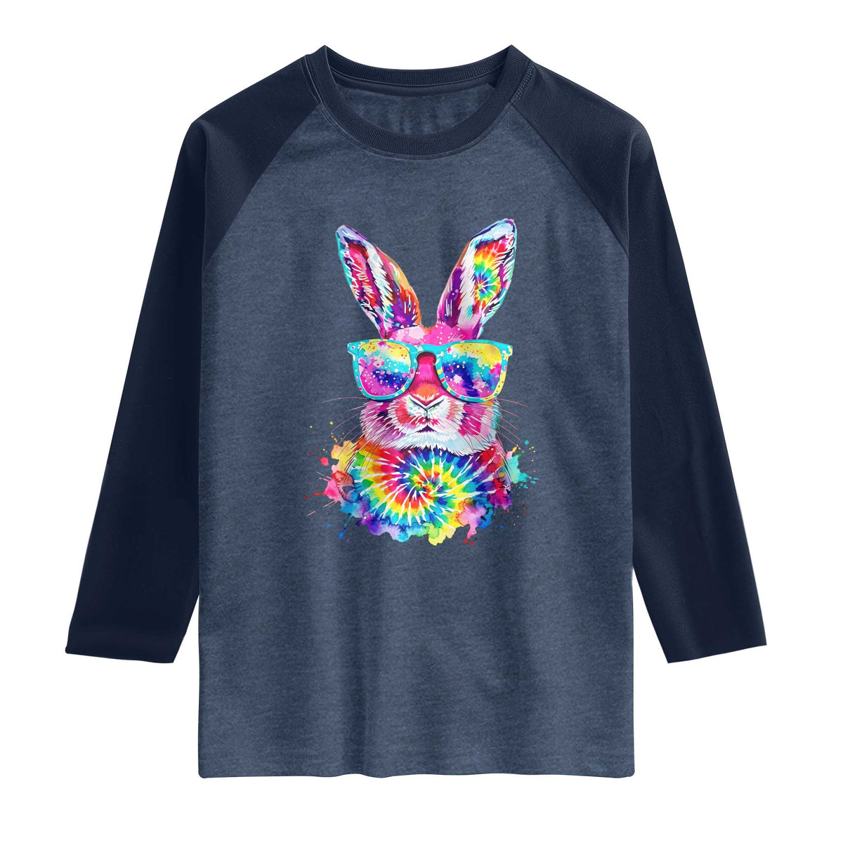 Colorful Tie Dye Bunny with Sunglasses Raglan Shirt Cool Easter Rabbit Retro Hippie Vibe Graphic Gift TS02 Heather Denim Navy Print Your Wear