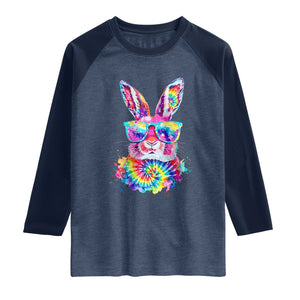 Colorful Tie Dye Bunny with Sunglasses Raglan Shirt Cool Easter Rabbit Retro Hippie Vibe Graphic Gift TS02 Heather Denim Navy Print Your Wear