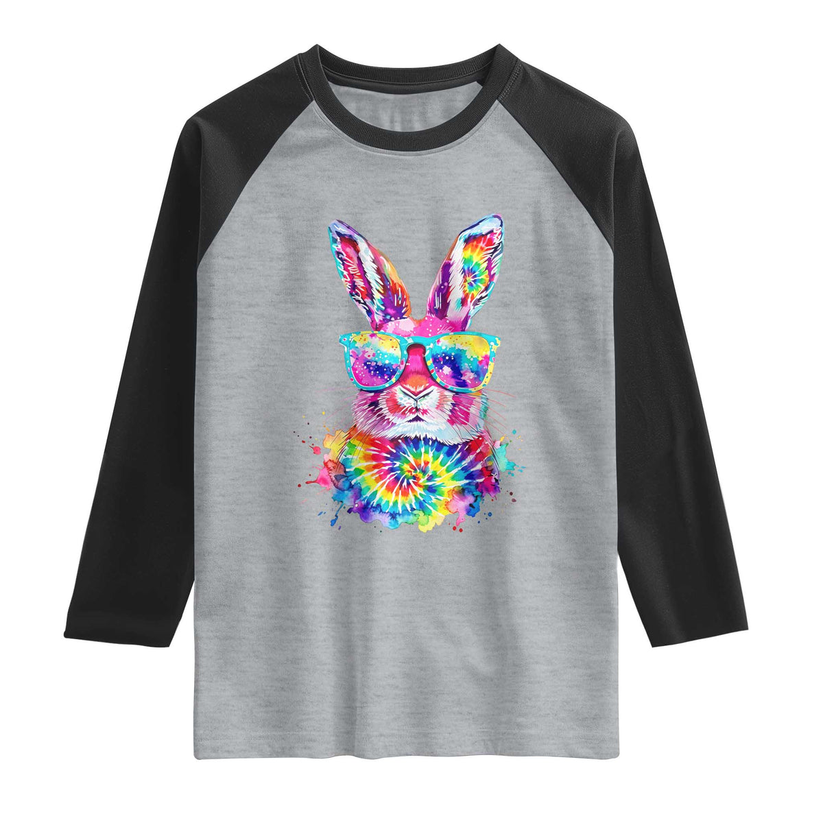 Colorful Tie Dye Bunny with Sunglasses Raglan Shirt Cool Easter Rabbit Retro Hippie Vibe Graphic Gift TS02 Heather Gray Black Print Your Wear
