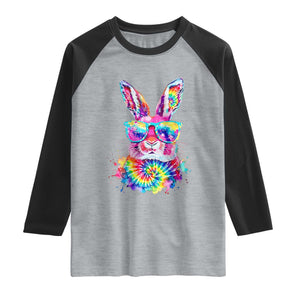 Colorful Tie Dye Bunny with Sunglasses Raglan Shirt Cool Easter Rabbit Retro Hippie Vibe Graphic Gift TS02 Heather Gray Black Print Your Wear