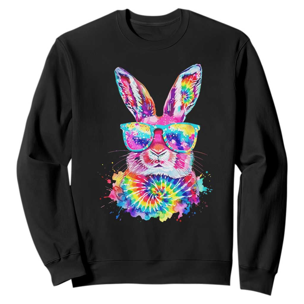 Colorful Tie Dye Bunny with Sunglasses Sweatshirt Cool Easter Rabbit Retro Hippie Vibe Graphic Gift TS02 Black Print Your Wear