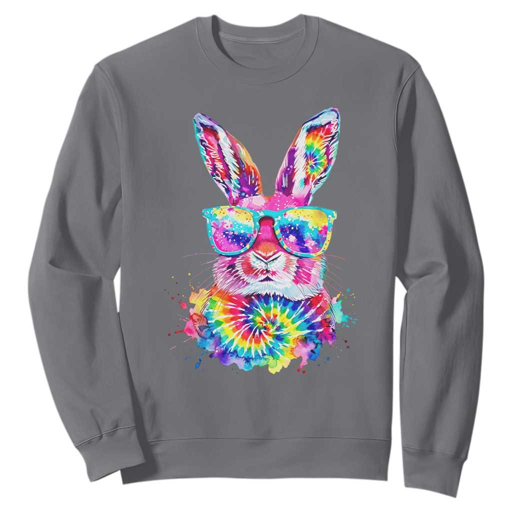 Colorful Tie Dye Bunny with Sunglasses Sweatshirt Cool Easter Rabbit Retro Hippie Vibe Graphic Gift TS02 Charcoal Print Your Wear
