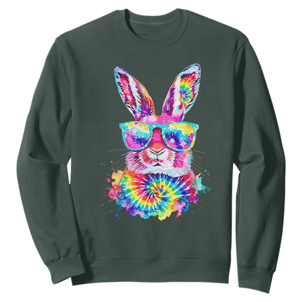 Colorful Tie Dye Bunny with Sunglasses Sweatshirt Cool Easter Rabbit Retro Hippie Vibe Graphic Gift TS02 Dark Forest Green Print Your Wear