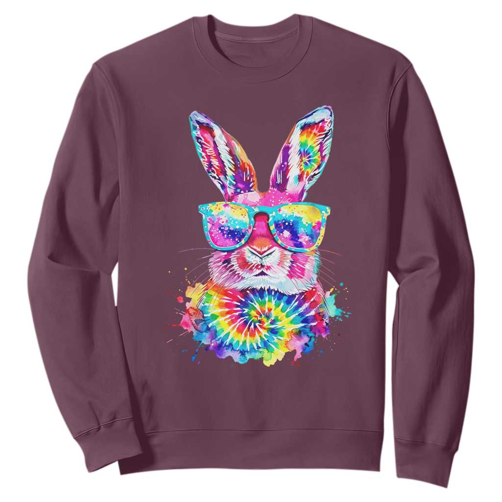 Colorful Tie Dye Bunny with Sunglasses Sweatshirt Cool Easter Rabbit Retro Hippie Vibe Graphic Gift TS02 Maroon Print Your Wear