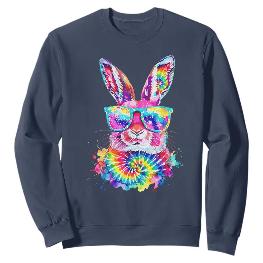 Colorful Tie Dye Bunny with Sunglasses Sweatshirt Cool Easter Rabbit Retro Hippie Vibe Graphic Gift TS02 Navy Print Your Wear