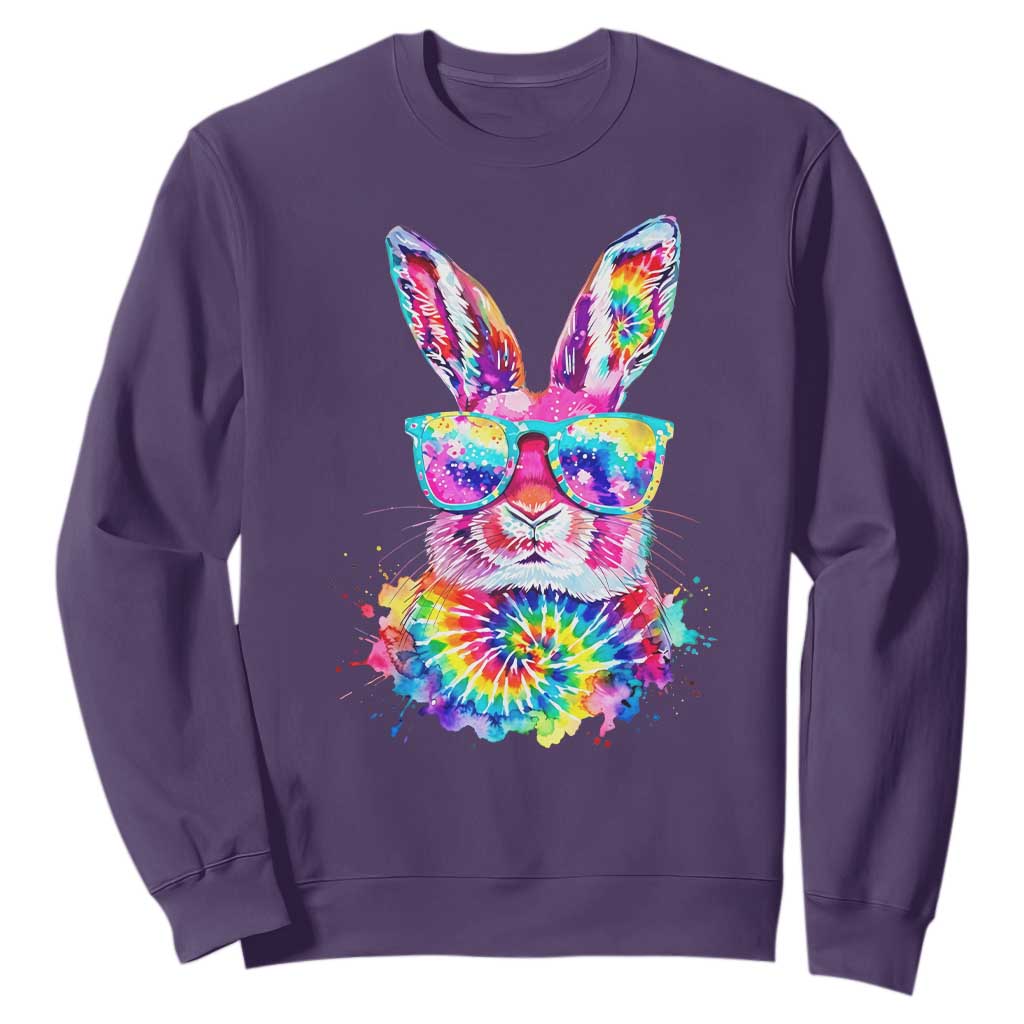 Colorful Tie Dye Bunny with Sunglasses Sweatshirt Cool Easter Rabbit Retro Hippie Vibe Graphic Gift TS02 Purple Print Your Wear
