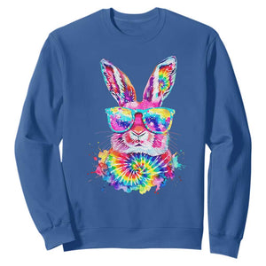 Colorful Tie Dye Bunny with Sunglasses Sweatshirt Cool Easter Rabbit Retro Hippie Vibe Graphic Gift TS02 Royal Blue Print Your Wear