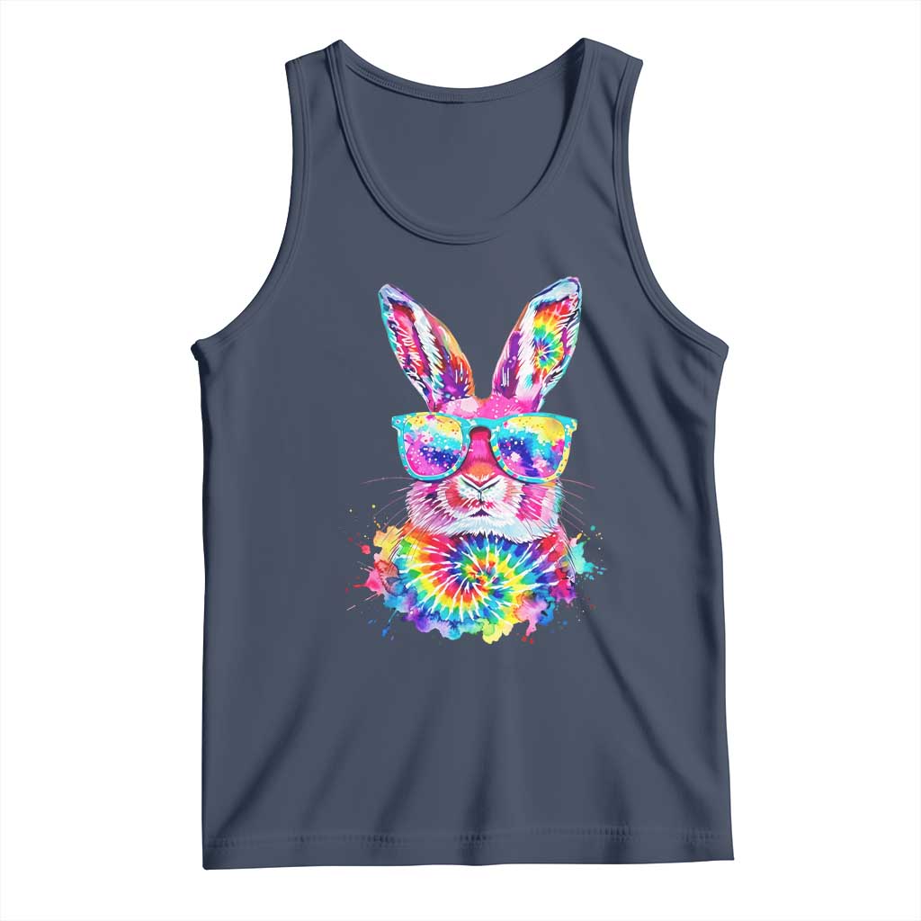 Colorful Tie Dye Bunny with Sunglasses Tank Top Cool Easter Rabbit Retro Hippie Vibe Graphic Gift TS02 Navy Print Your Wear
