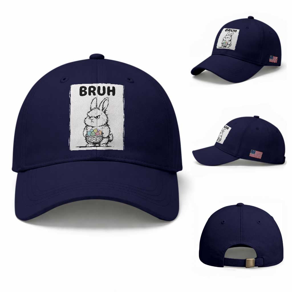 Bruh Angry Easter Bunny with Eggs Basket Baseball Cap Funny Rabbit Meme Humor Graphic Gift TS02 Baseball Cap Universal Fit Dark Blue Print Your Wear