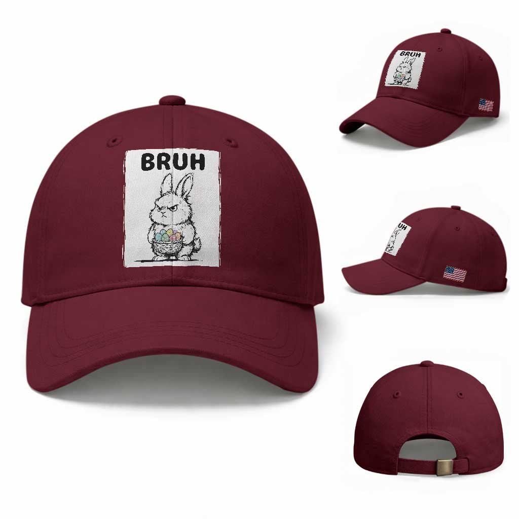 Bruh Angry Easter Bunny with Eggs Basket Baseball Cap Funny Rabbit Meme Humor Graphic Gift TS02 Baseball Cap Universal Fit Maroon Print Your Wear
