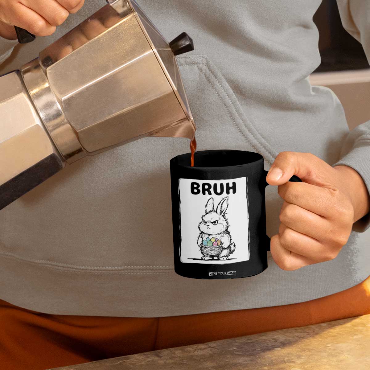 Bruh Angry Easter Bunny with Eggs Basket Coffee Mug Funny Rabbit Meme Humor Graphic Gift TS02 Print Your Wear