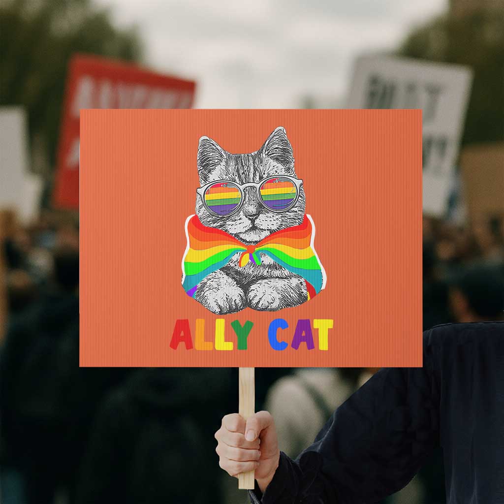 Ally Cat with Pride Cape Protest Sign Rainbow LGBTQ+ Support TS02 Horizontal 18