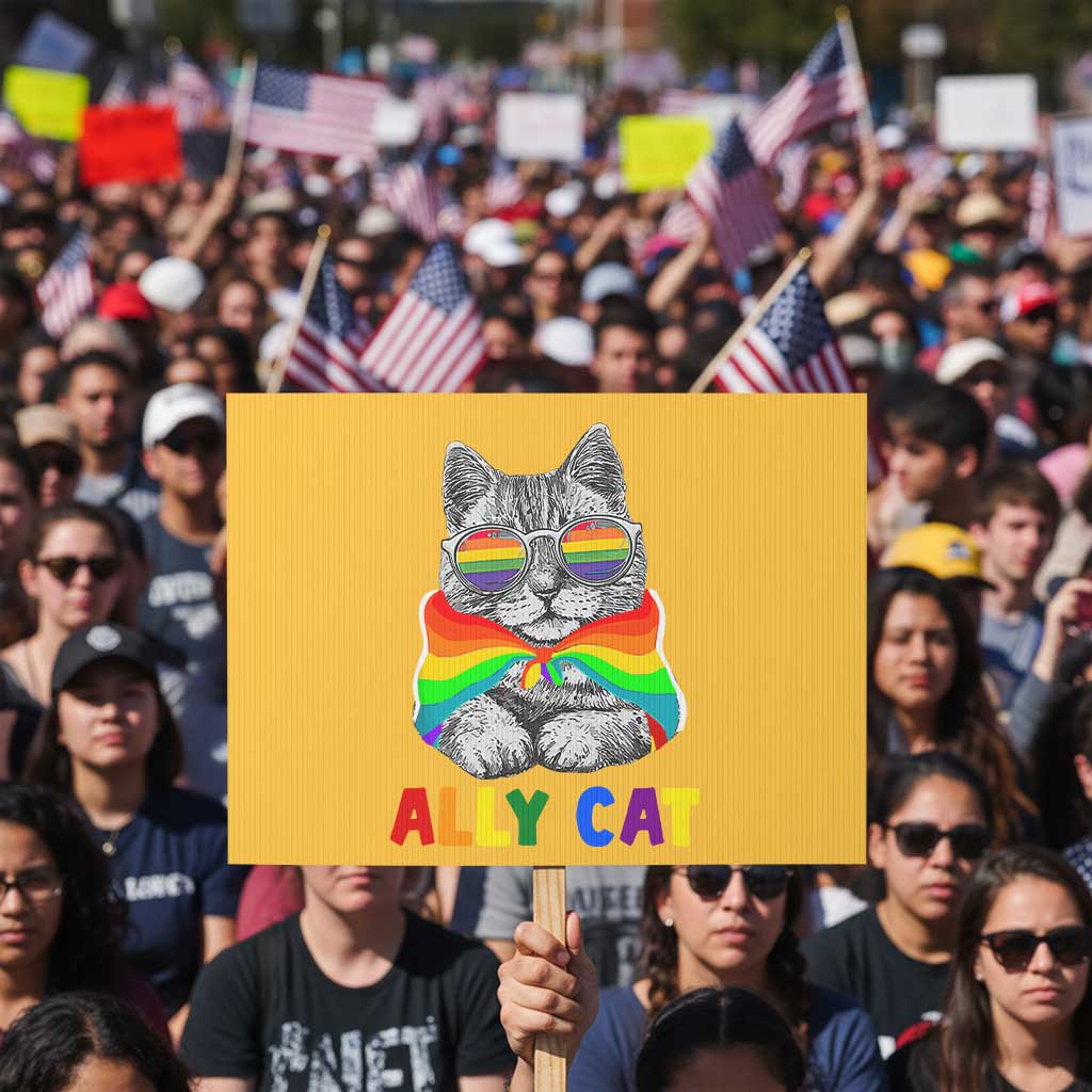 Ally Cat with Pride Cape Protest Sign Rainbow LGBTQ+ Support TS02 Horizontal 18