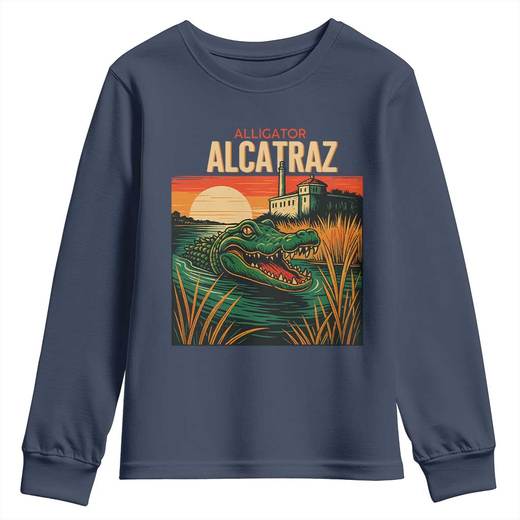 Alligator Alcatraz Youth Sweatshirt Retro Florida Swamp Political Prison TS02 Navy Print Your Wear