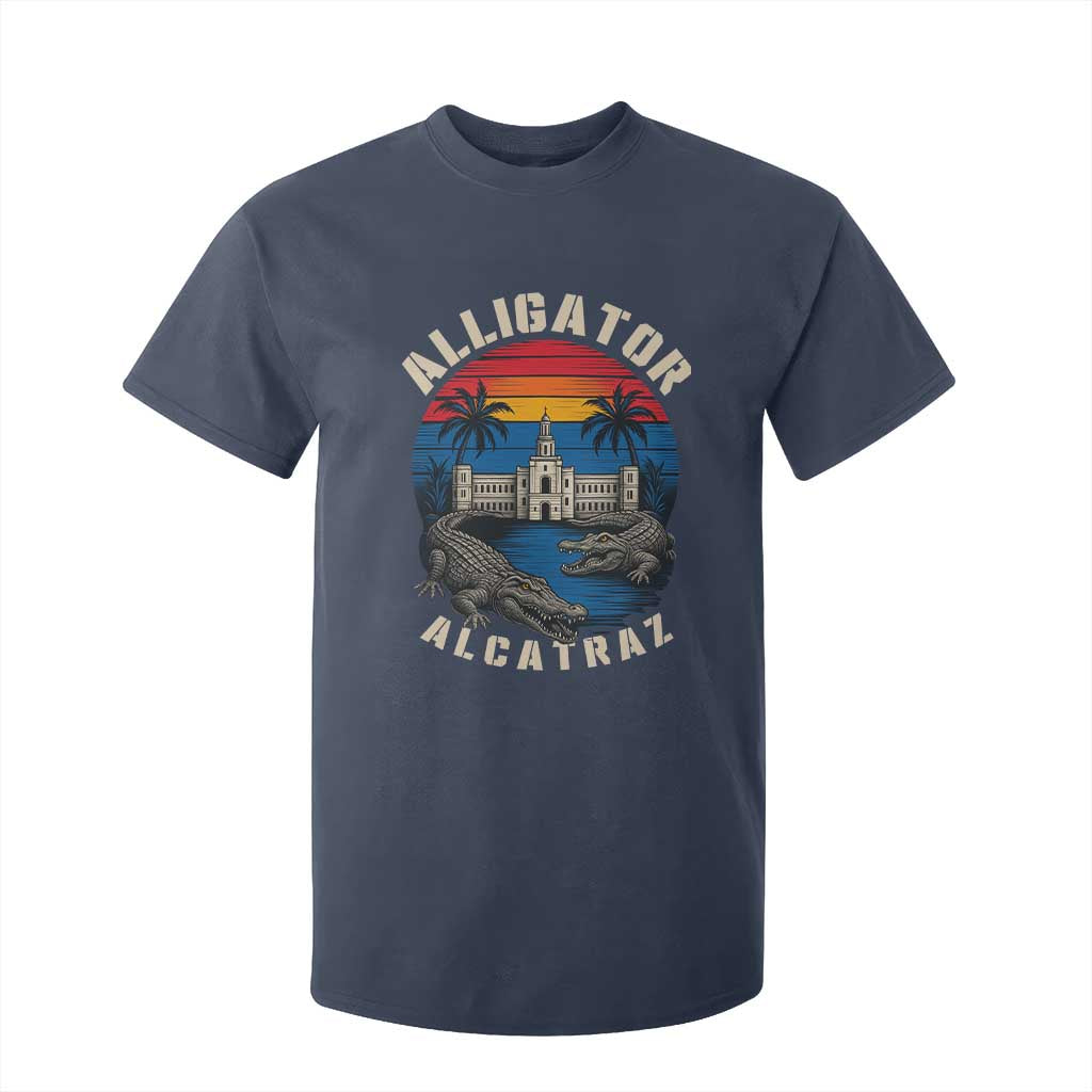 Alligator Alcatraz Political T Shirt For Kid Florida Prison State Retro Sunset TS02 Navy Print Your Wear