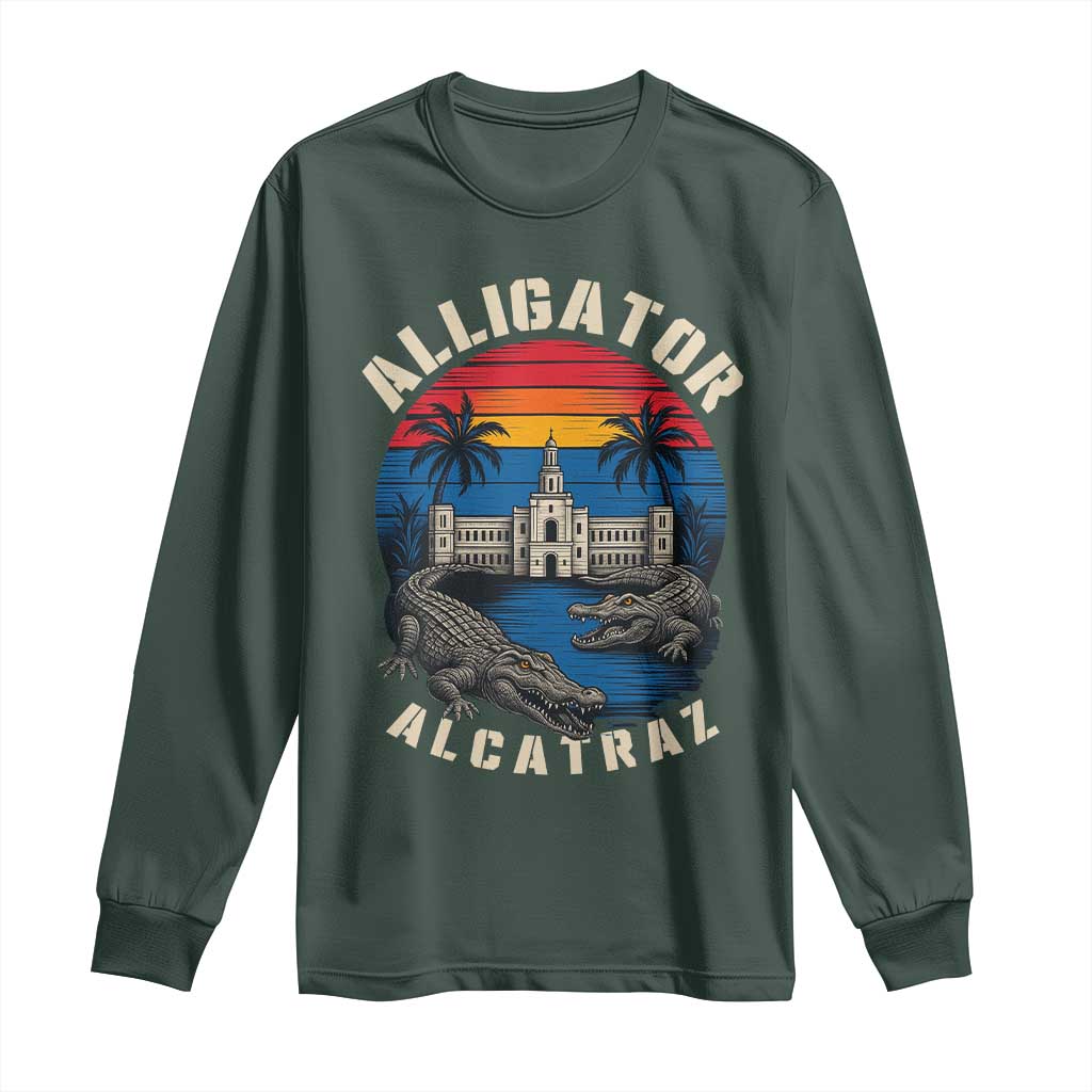 Alligator Alcatraz Political Long Sleeve Shirt Florida Prison State Retro Sunset TS02 Dark Forest Green Print Your Wear