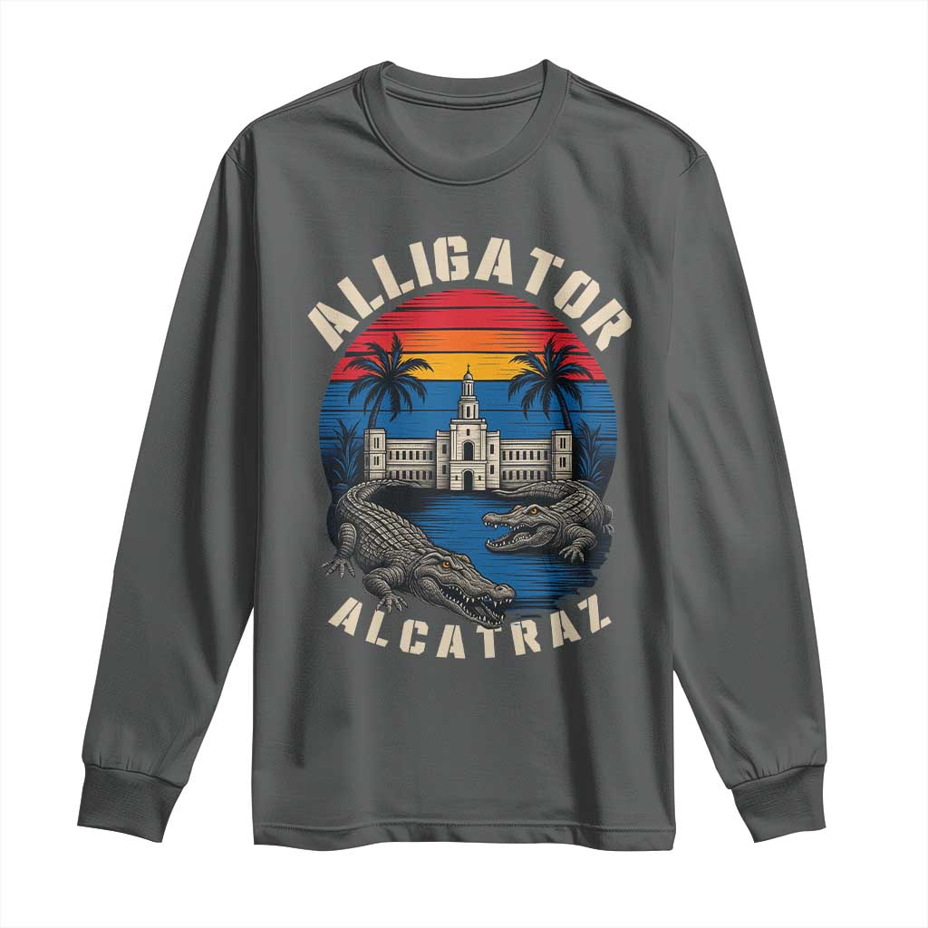 Alligator Alcatraz Political Long Sleeve Shirt Florida Prison State Retro Sunset TS02 Dark Heather Print Your Wear