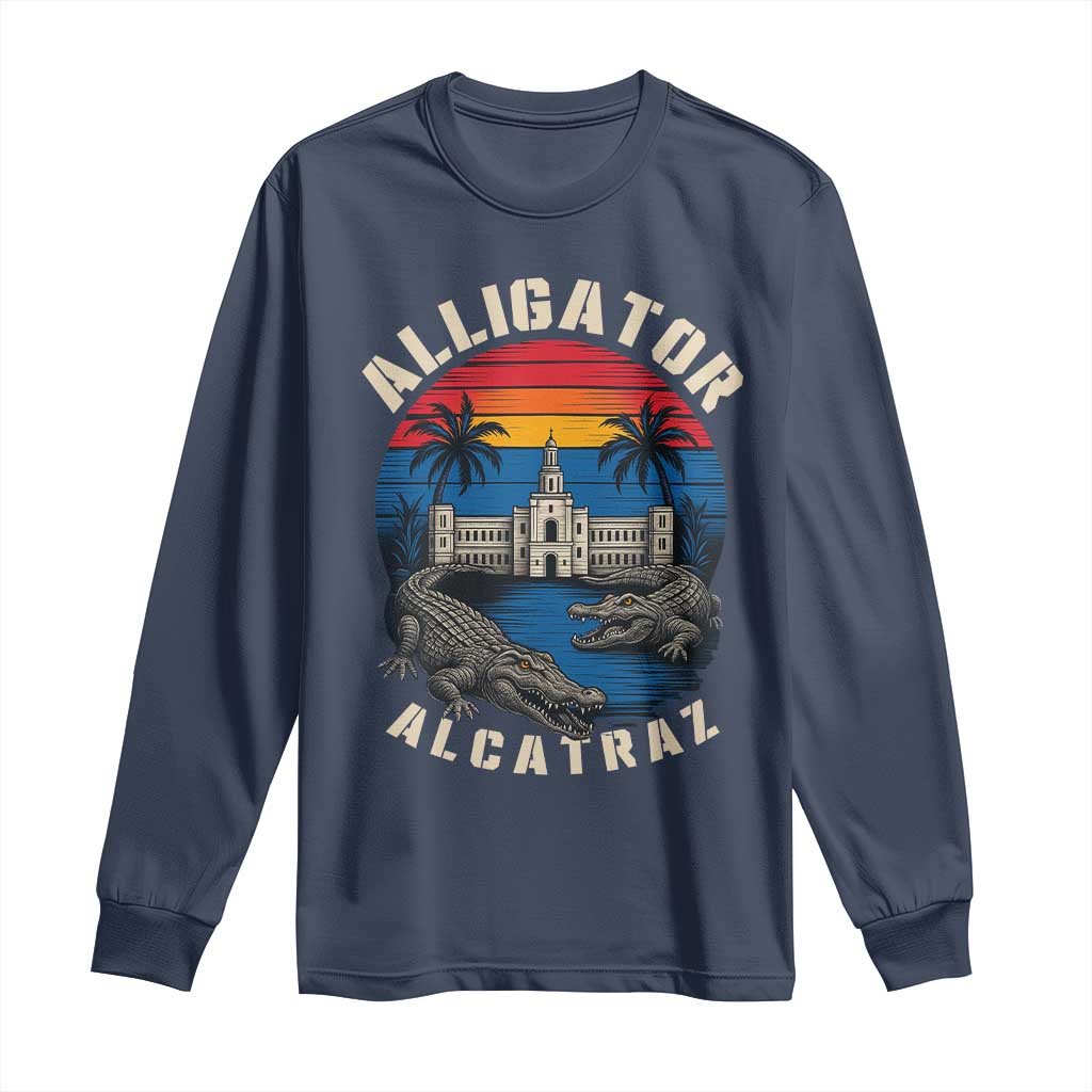 Alligator Alcatraz Political Long Sleeve Shirt Florida Prison State Retro Sunset TS02 Navy Print Your Wear