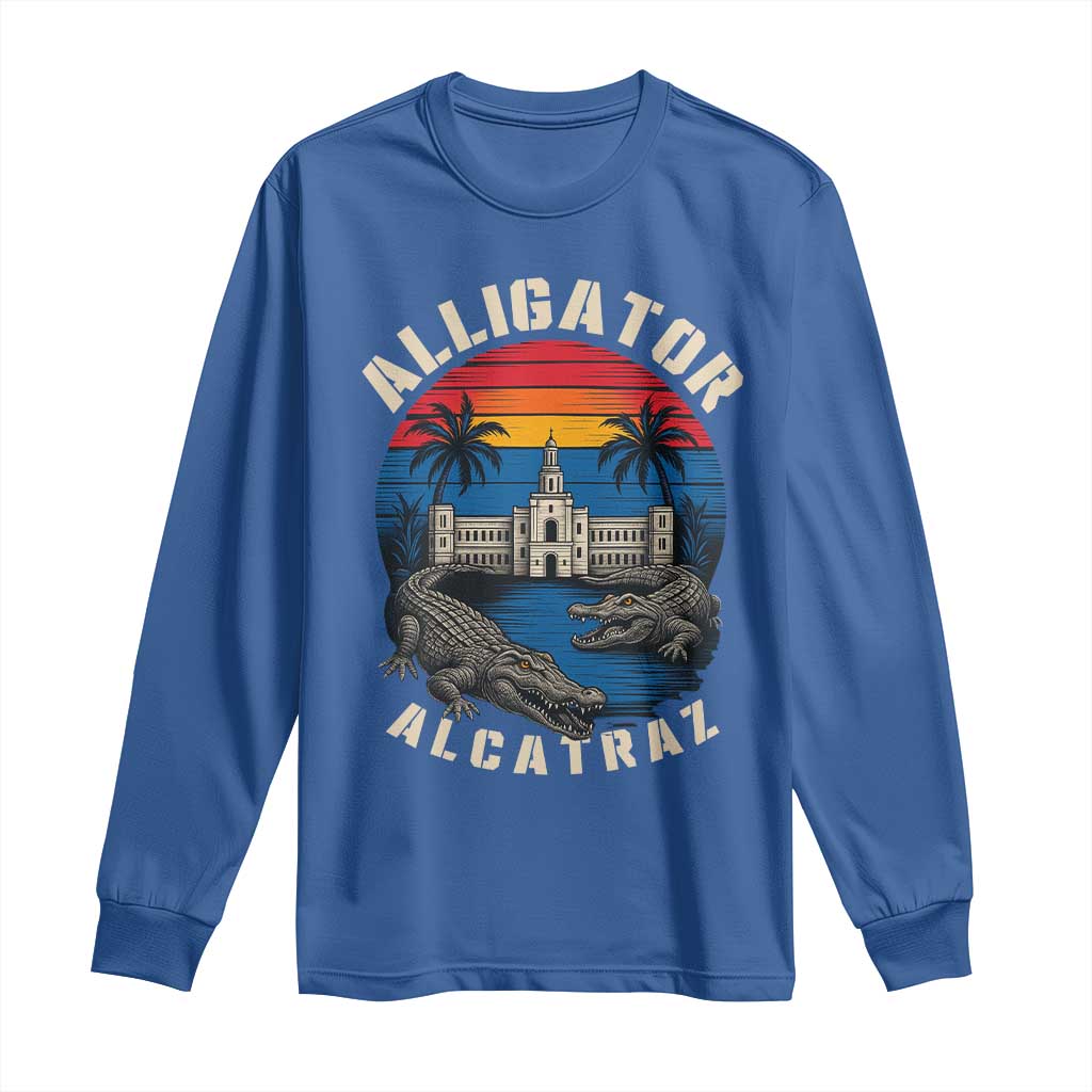 Alligator Alcatraz Political Long Sleeve Shirt Florida Prison State Retro Sunset TS02 Royal Blue Print Your Wear